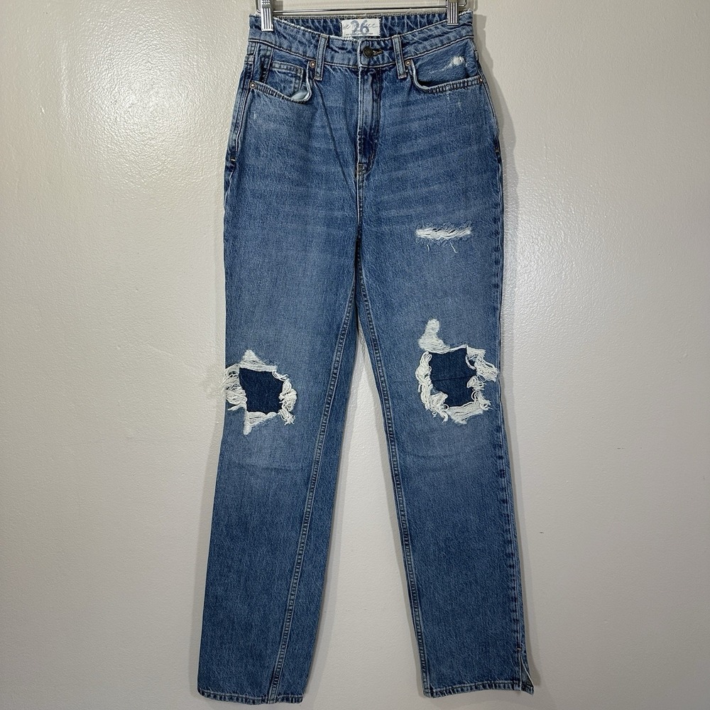 Free People Women's 26 Straight Leg Jeans Blue Distressed Ripped Knee High Rise